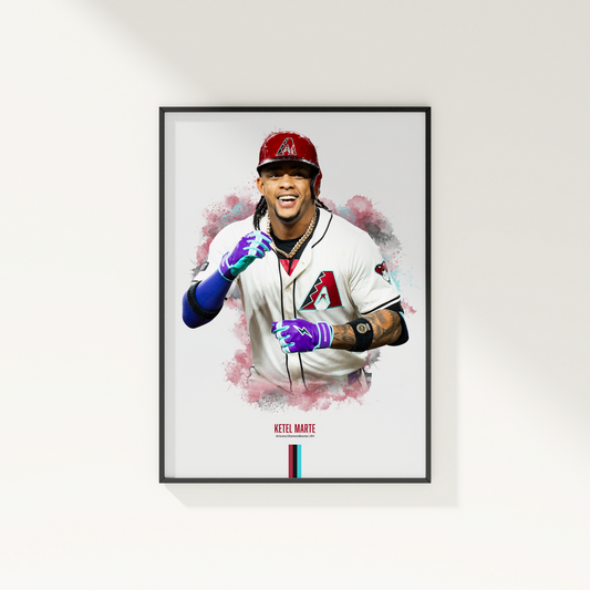 framed poster mockup hanging on a white wall. poster of baseball player ketel marte celebrating for the arizona diamondbacks.