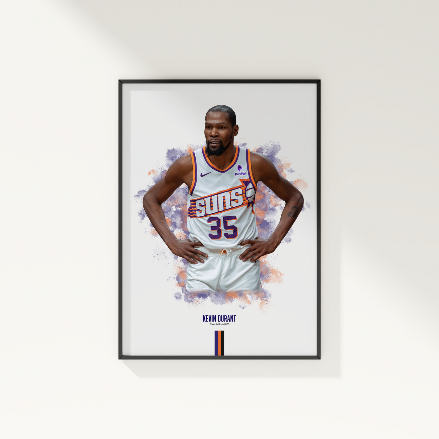 framed poster mockup of basketball player kevin durant hanging on a white wall