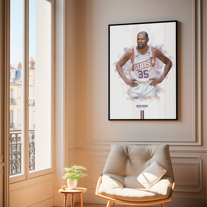 framed poster mockup of basketball player kevin durant hanging in a living room