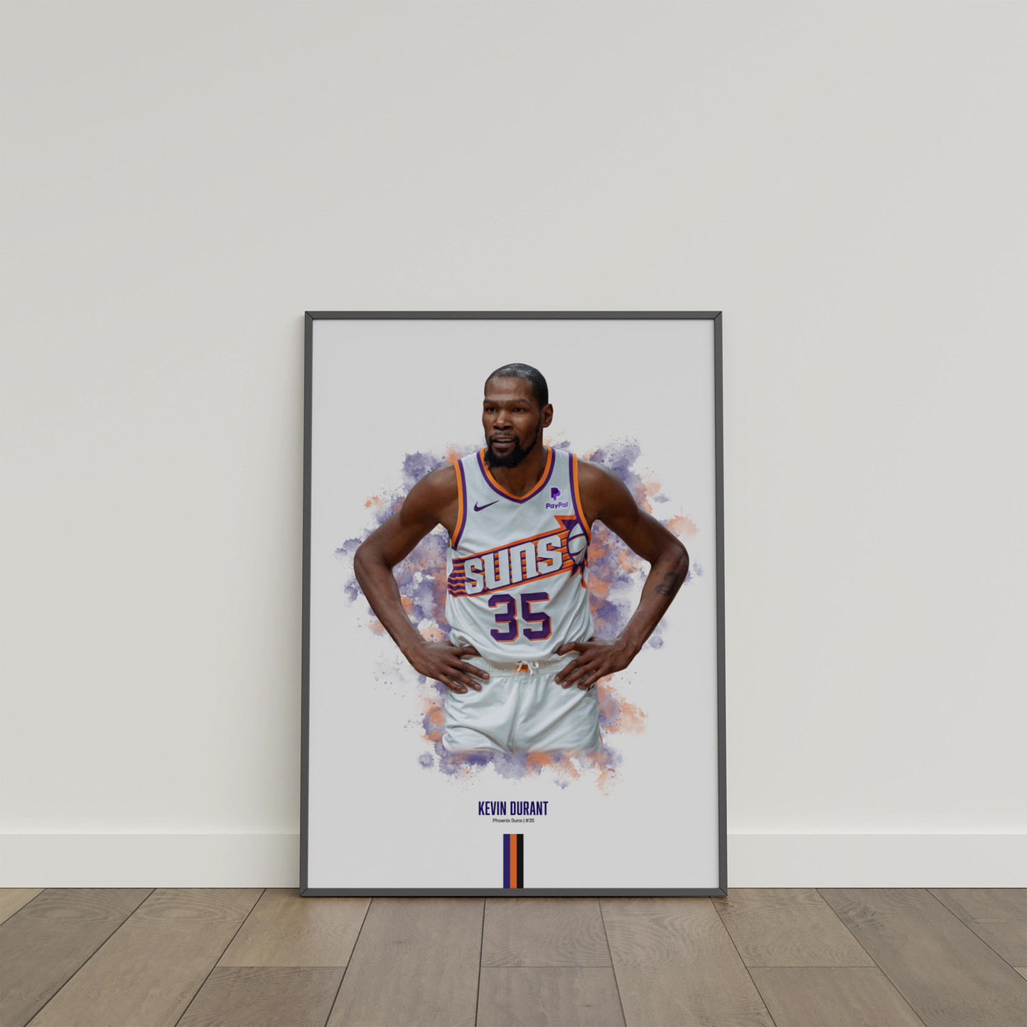 framed poster mockup of basketball player kevin durant leaning on a white wall