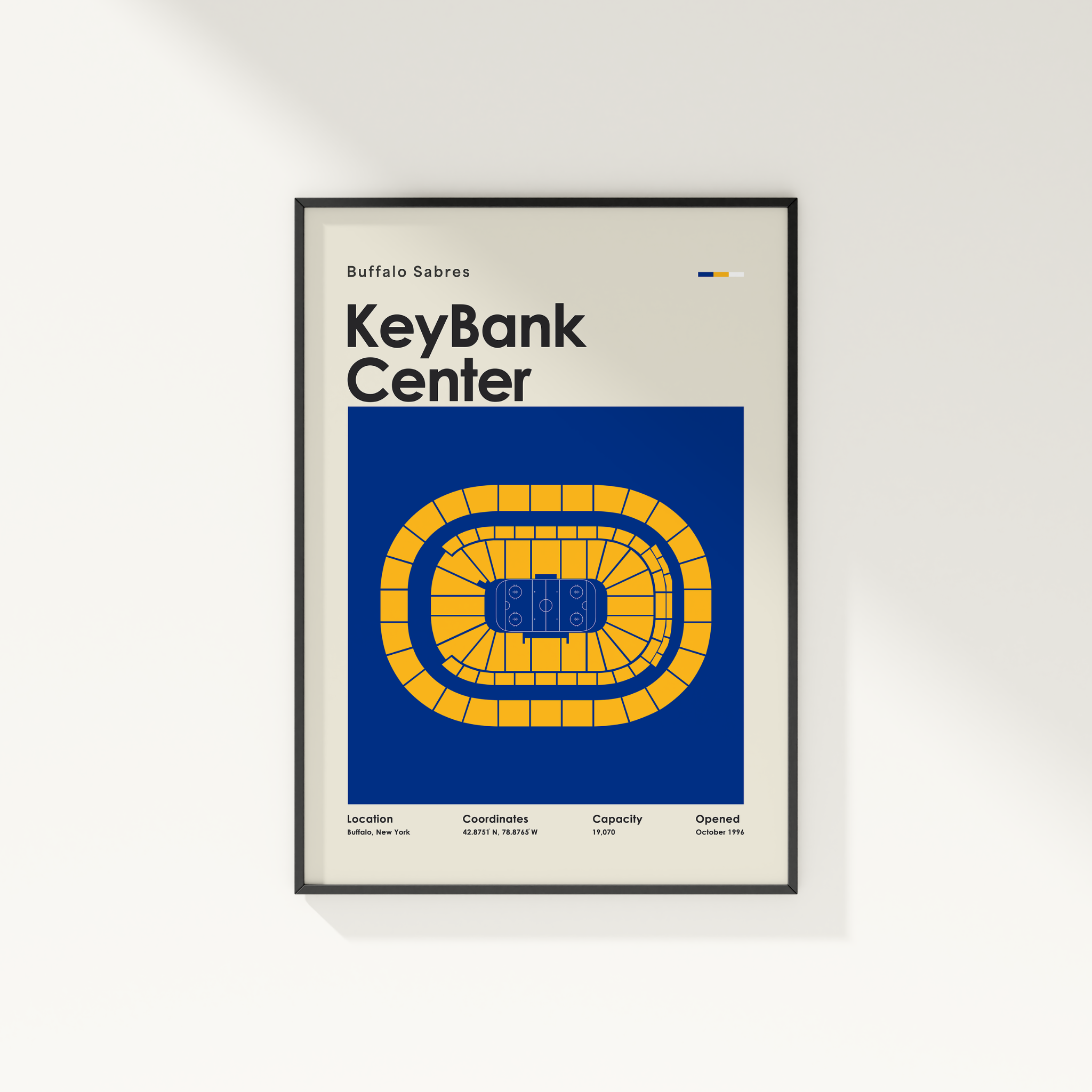 Framed poster of KeyBank Center with arena layout and text on a white wall.