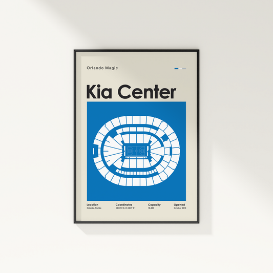 Framed poster of Kia Center with Orlando Magic branding on a white wall.