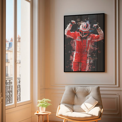 framed poster mockup of formula 1 driver kimi raikkonen hanging in a living room