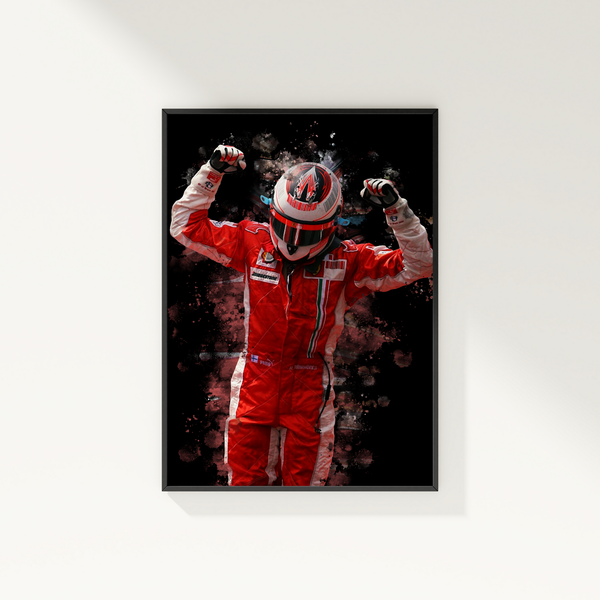 framed poster mockup of formula 1 driver kimi raikkonen hanging on a white wall