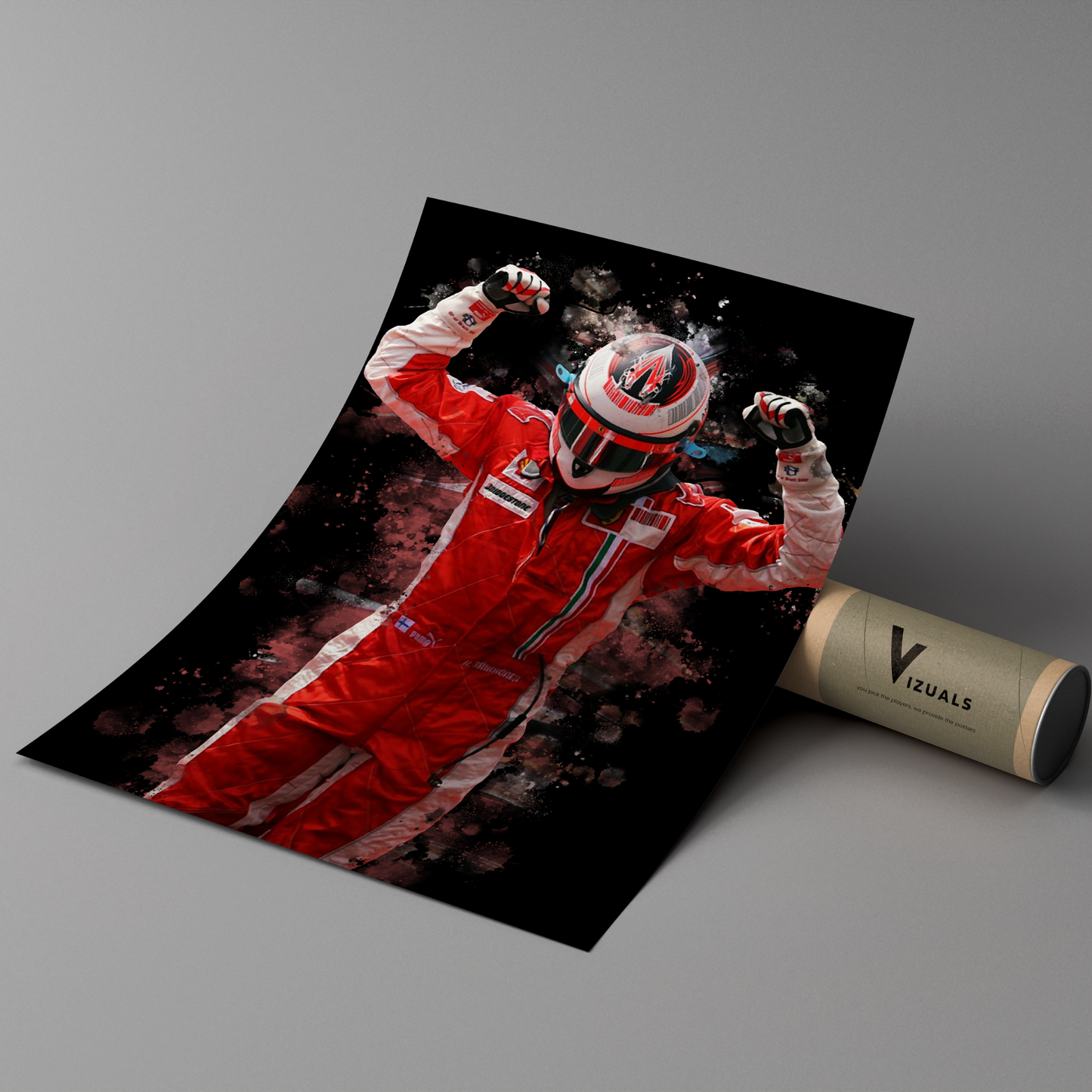 poster mockup of formula 1 driver kimi raikkonen leaning on a cardboard tube