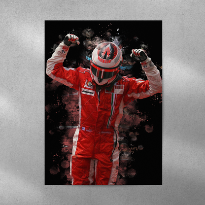 poster mockup of formula 1 driver kimi raikkonen on a grey wall