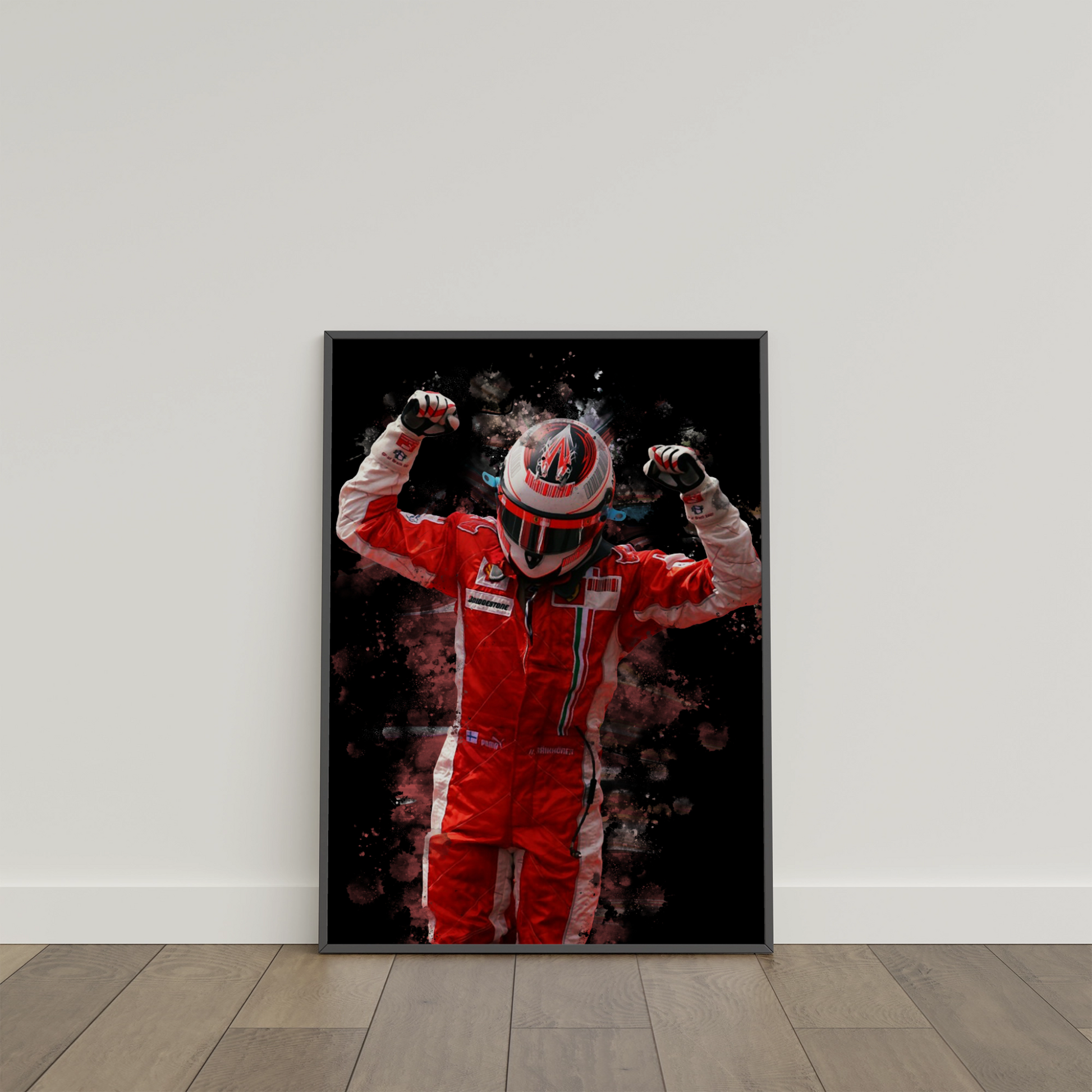 framed poster mockup of formula 1 driver kimi raikkonen leaning on a white wall