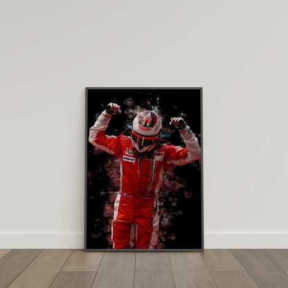 framed poster mockup of formula 1 driver kimi raikkonen leaning on a white wall