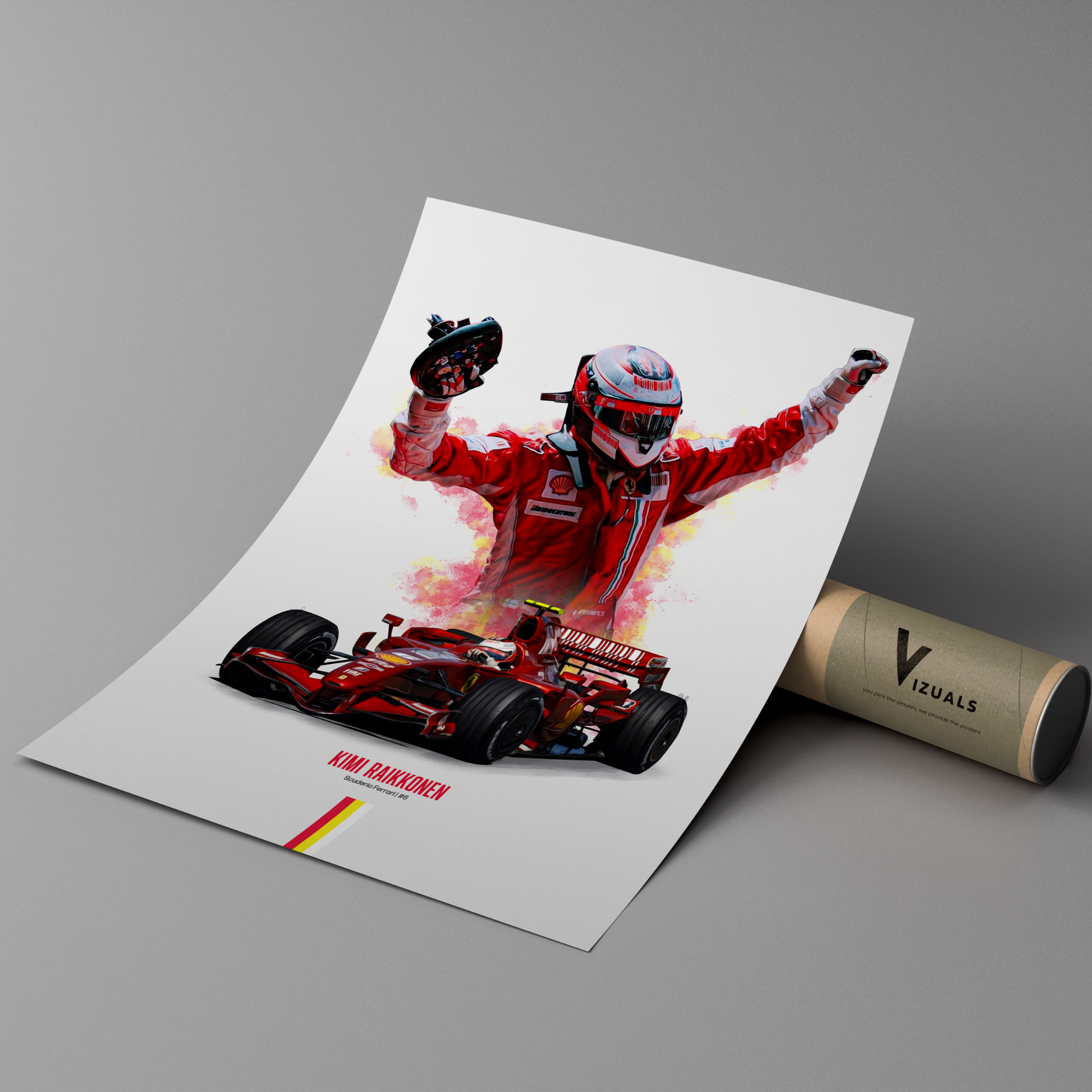 poster mockup of formula 1 driver kimi raikkonen leaning on a cardboard tube