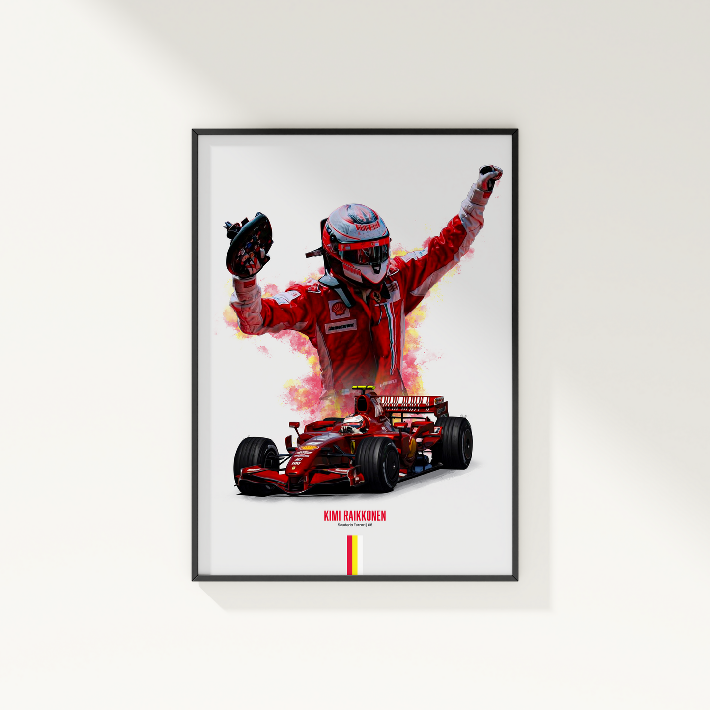 framed poster mockup of formula 1 driver kimi raikkonen hanging on a white wall