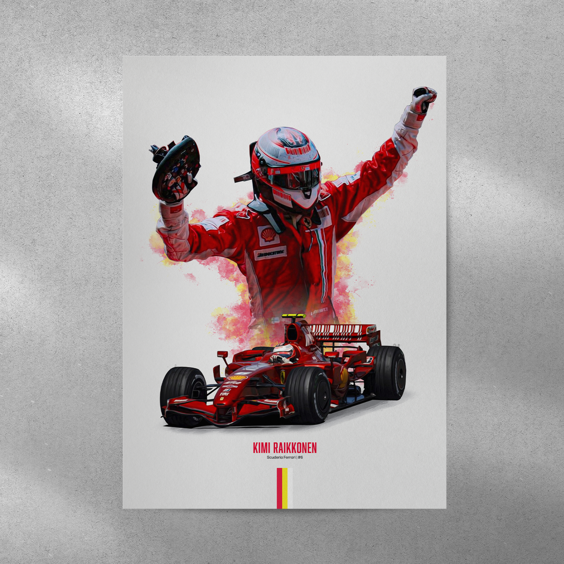 poster mockup of formula 1 driver kimi raikkonen on a grey wall