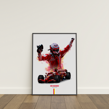 framed poster mockup of formula 1 driver kimi raikkonen leaning on a white wall