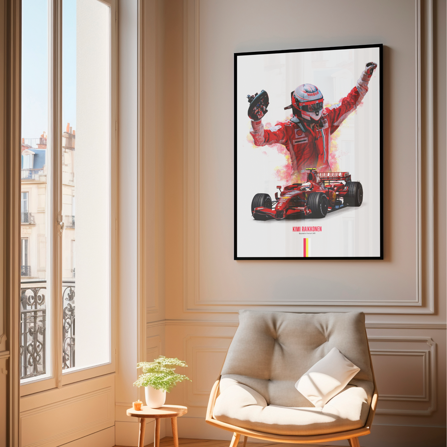 framed poster mockup of formula 1 driver kimi raikkonen hanging in a living room