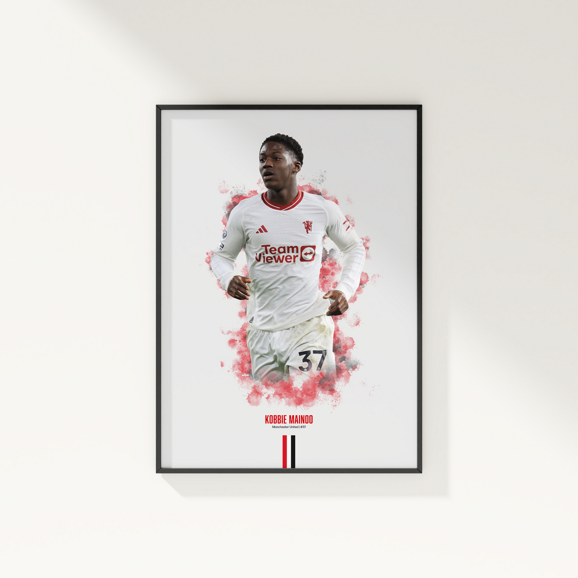 framed poster mockup of soccer player kobbie mainoo hanging on a white wall