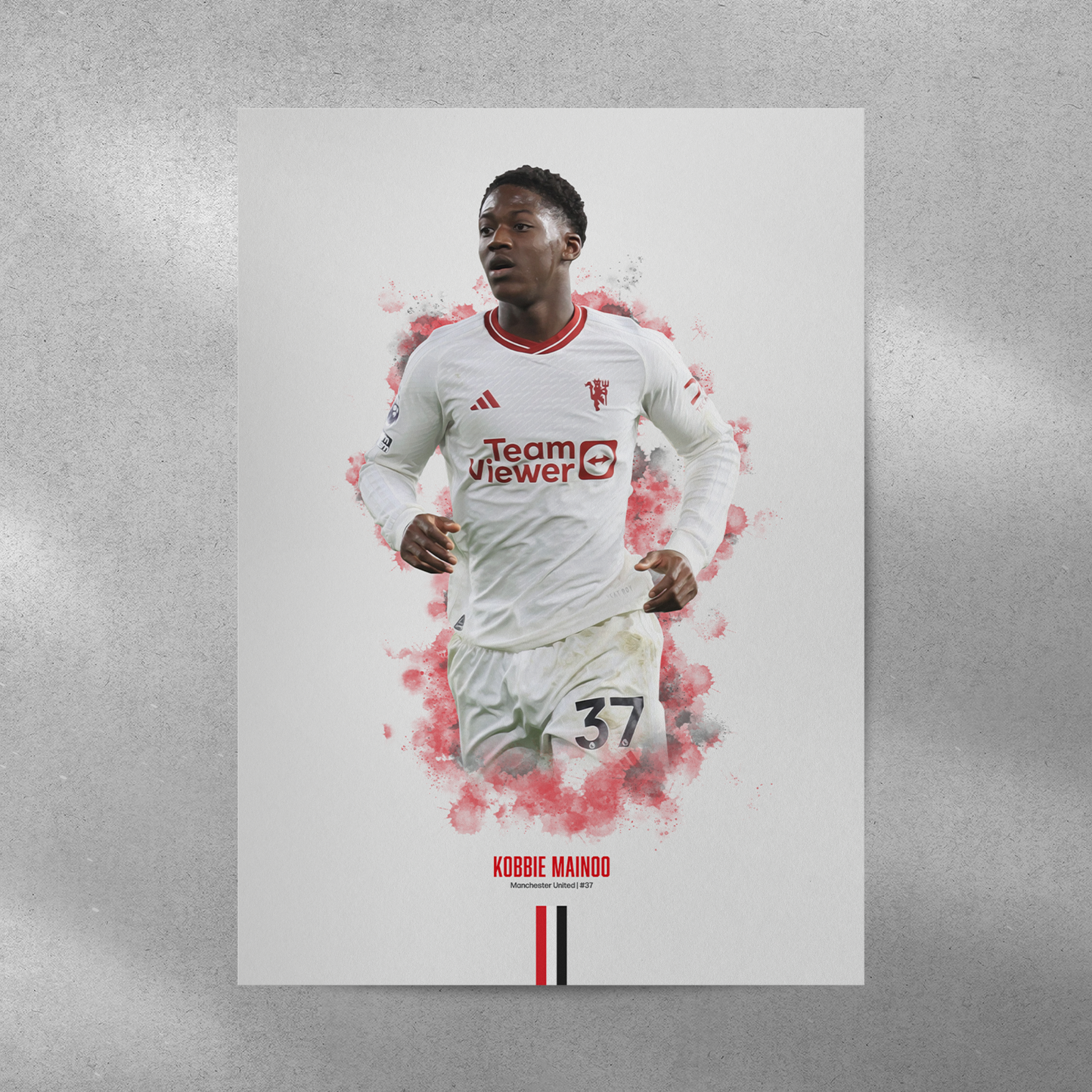 poster mockup of soccer player kobbie mainoo on a grey wall