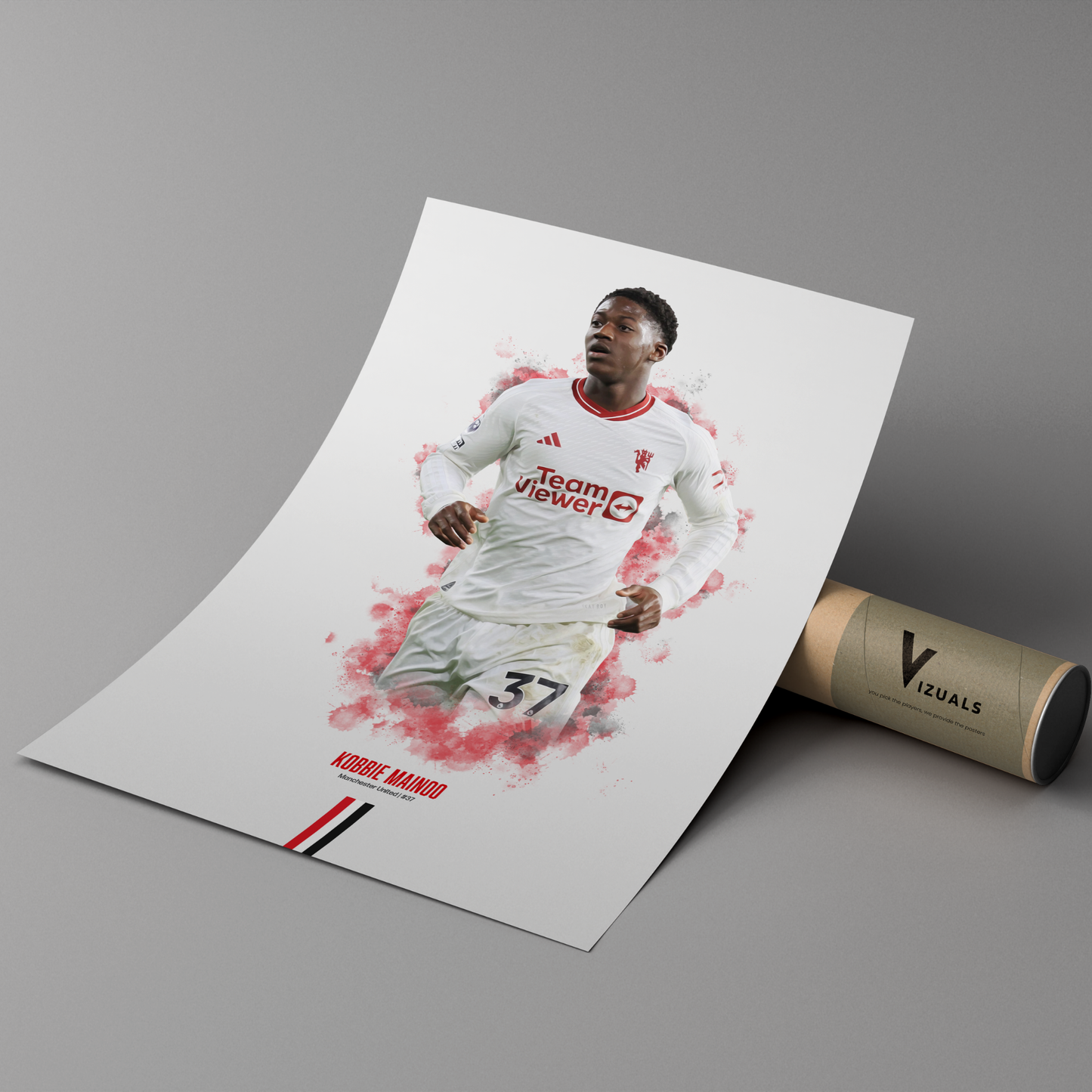 poster mockup of soccer player kobbie mainoo leaning on a cardboard tube