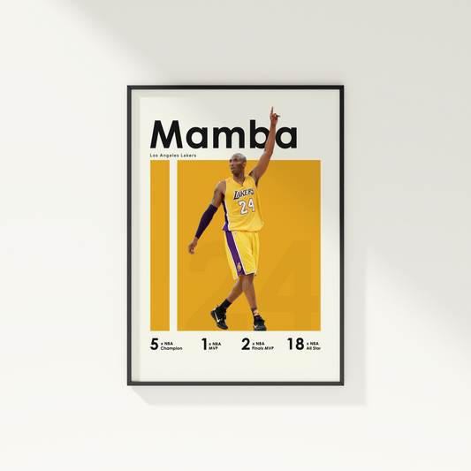 framed poster mockup of basketball player kobe bryant hanging on a white wall