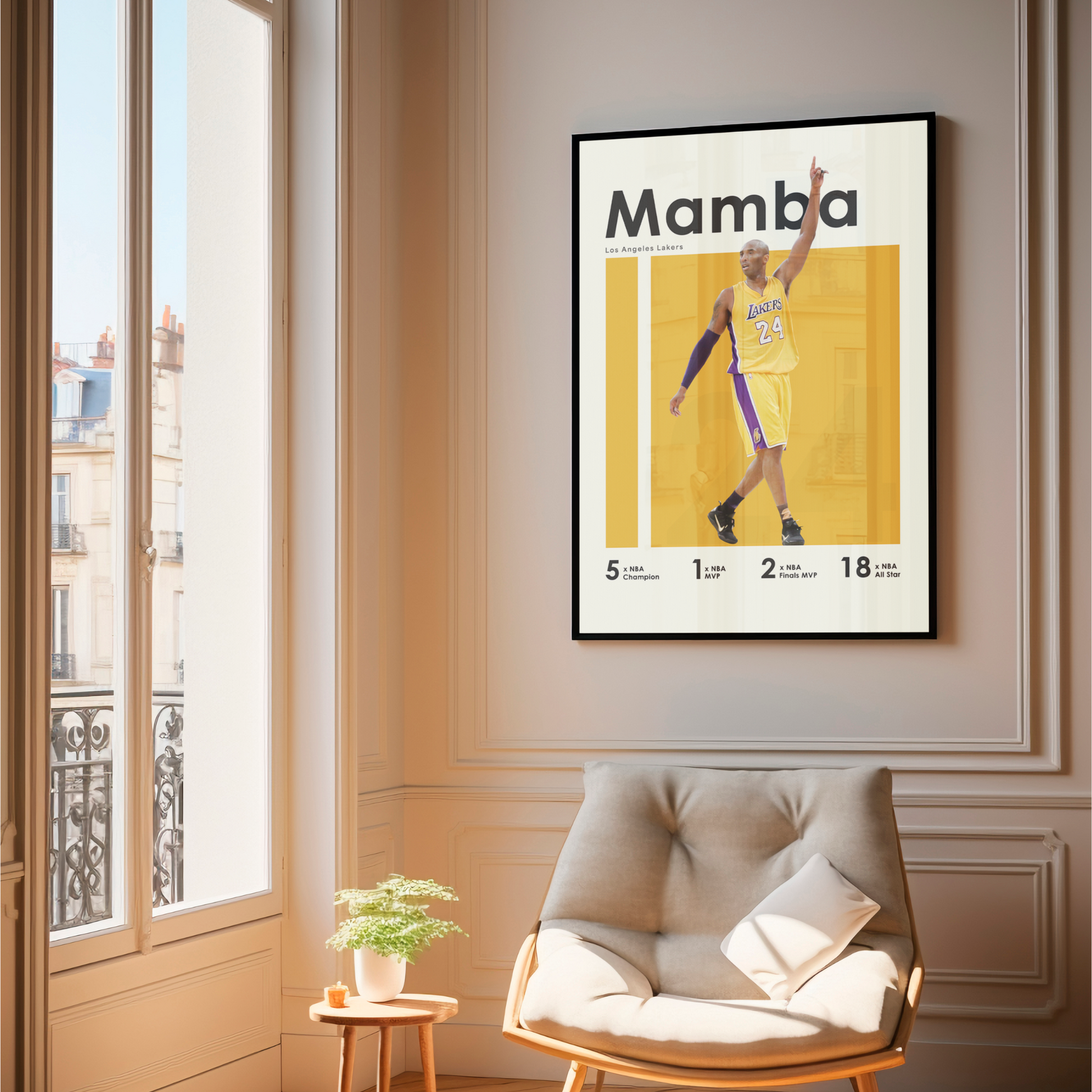 framed poster mockup of basketball player kobe bryant hanging in a living room