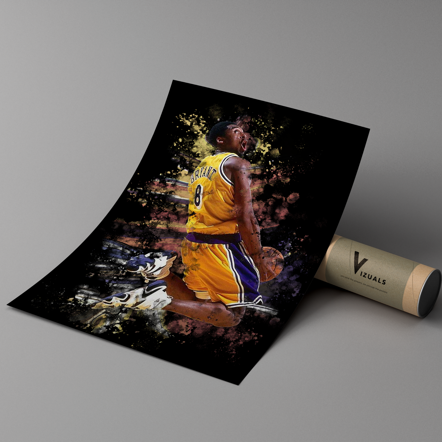 poster mockup of basketball player kobe bryant leaning on a cardboard tube