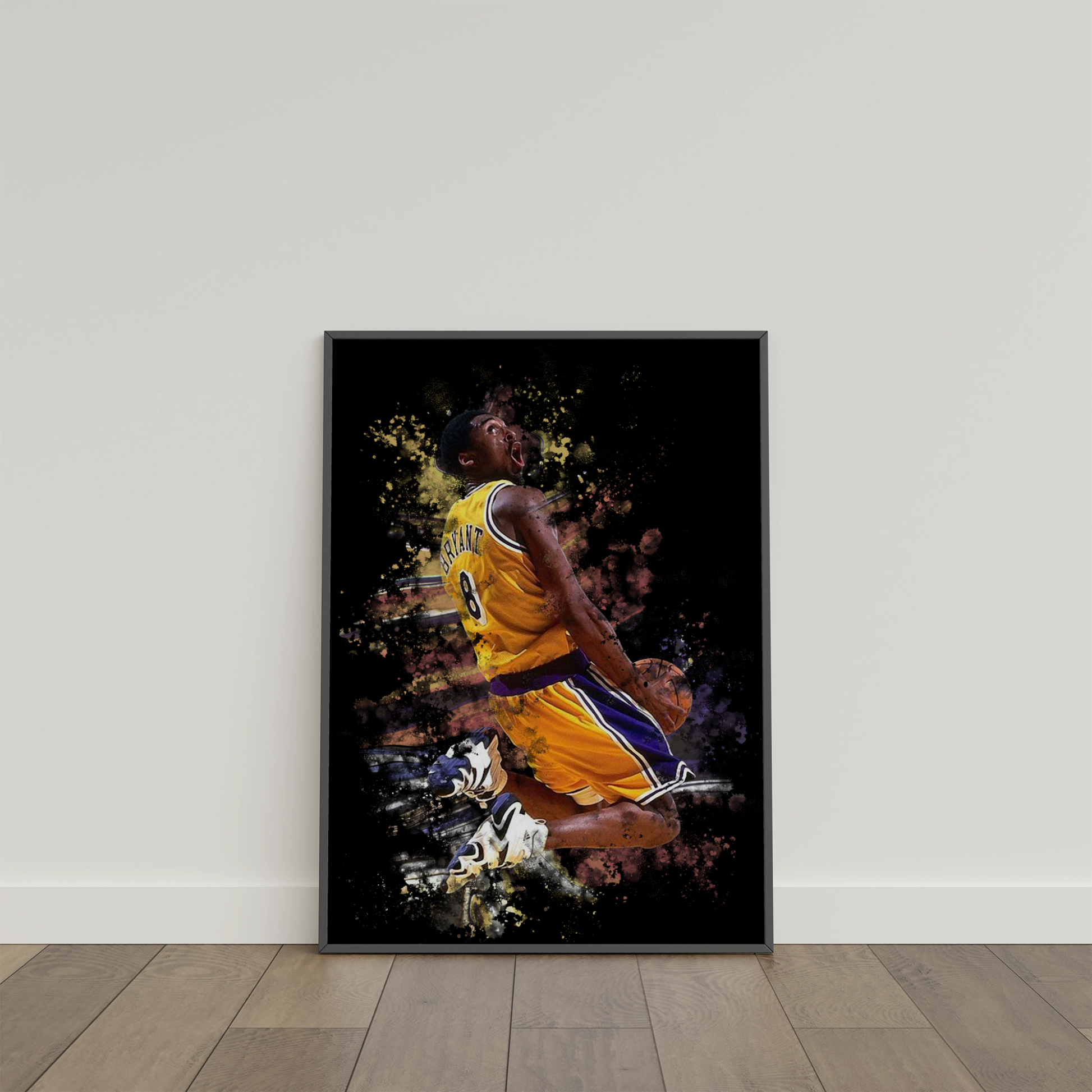 framed poster mockup of basketball player kobe bryant leaning on a white wall