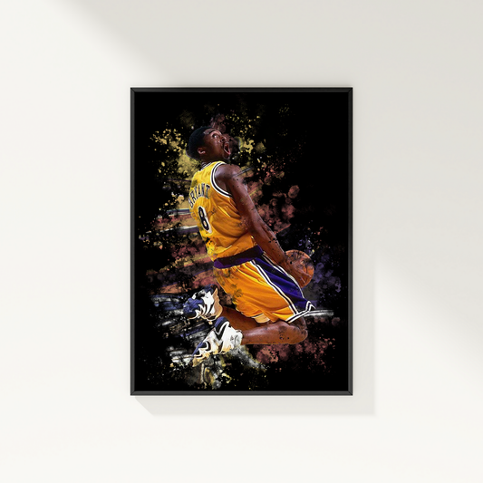 framed poster mockup of basketball player kobe bryant hanging on a white wall