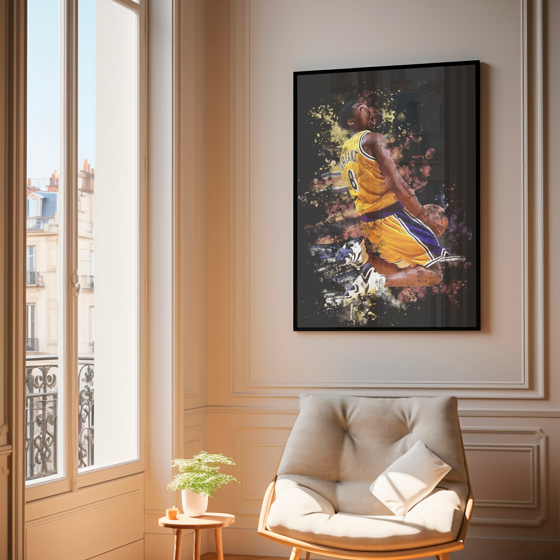 framed poster mockup of basketball player kobe bryant hanging in a living room