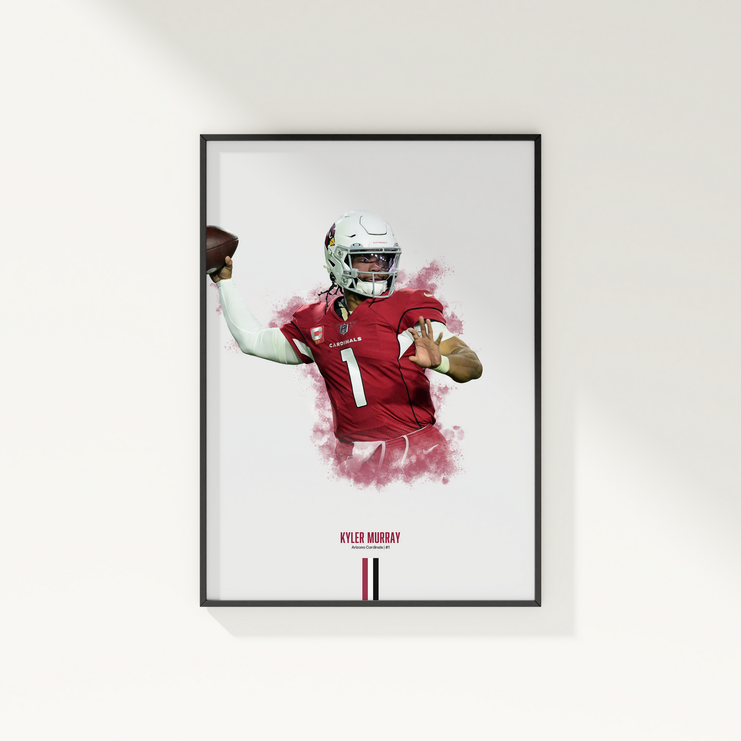 framed poster mockup of football player kyler murray hanging on a white wall