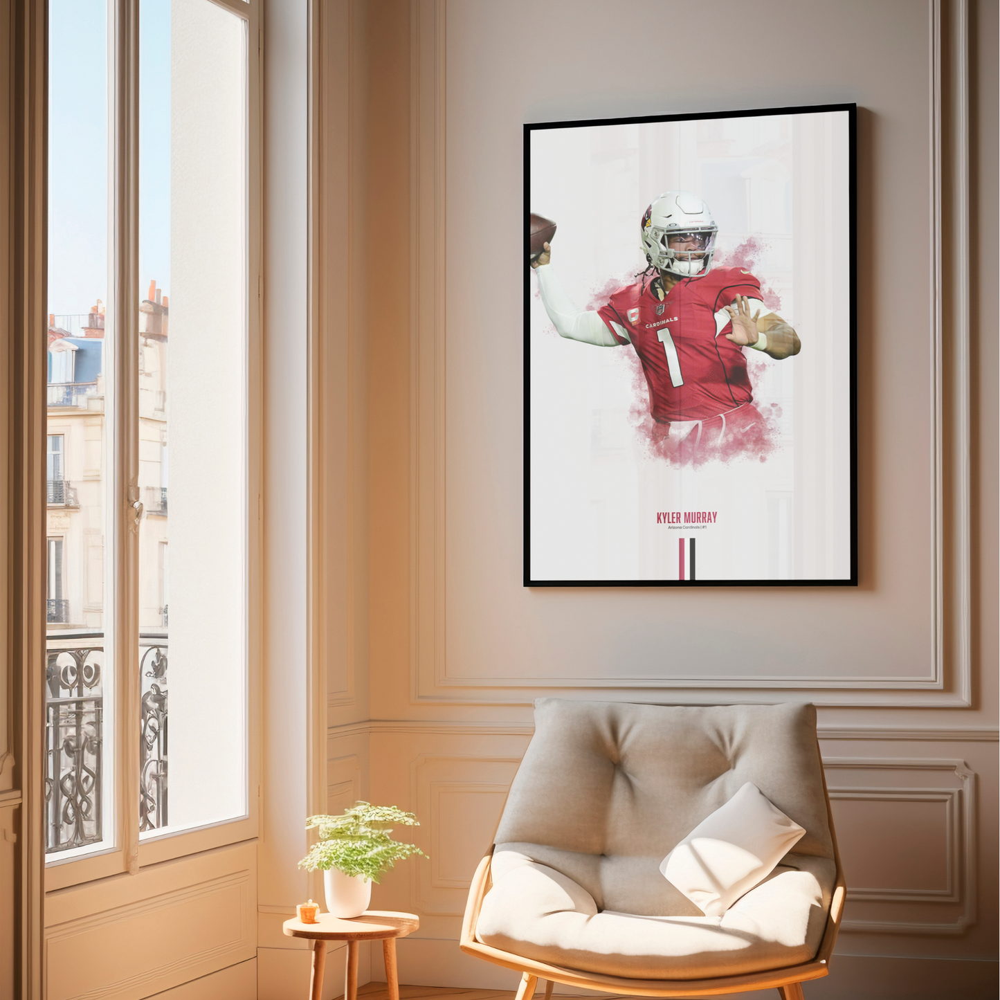 framed poster mockup of football player kyler murray hanging in a living room