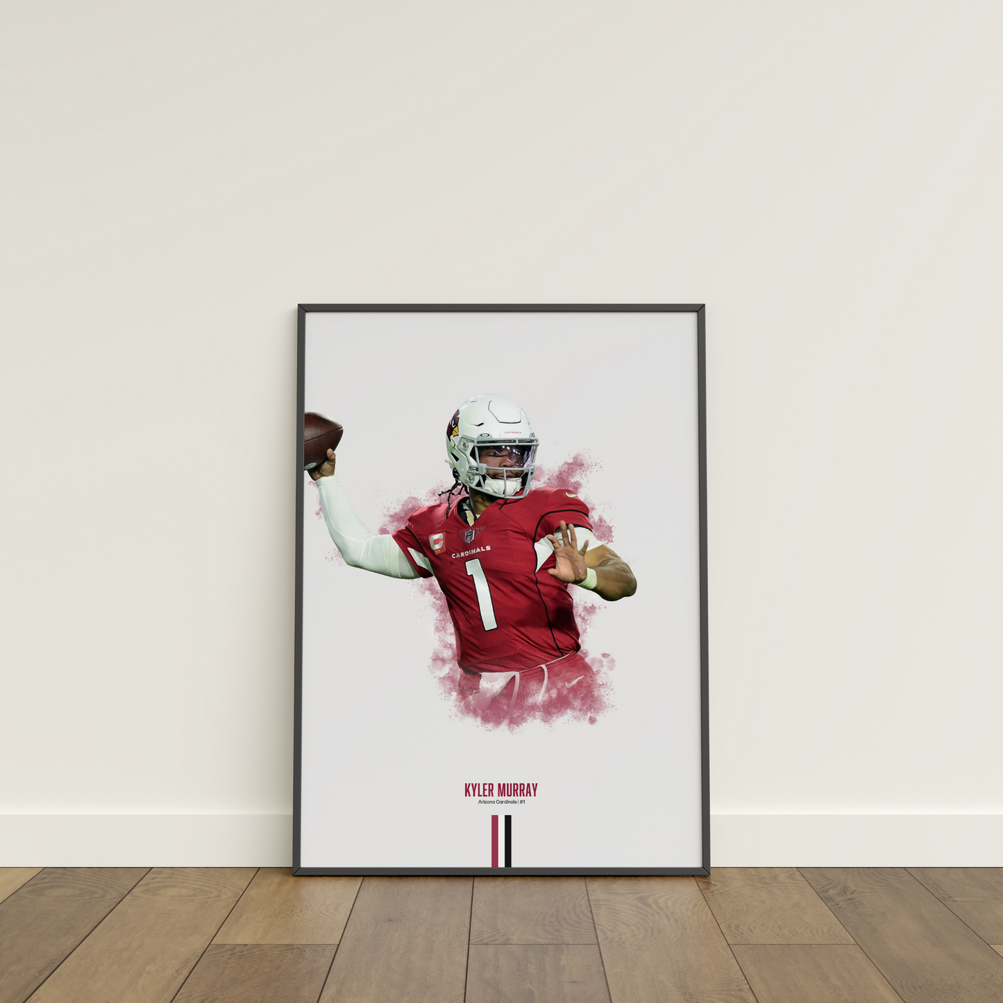 framed poster mockup of football player kyler murray leaning on a white wall