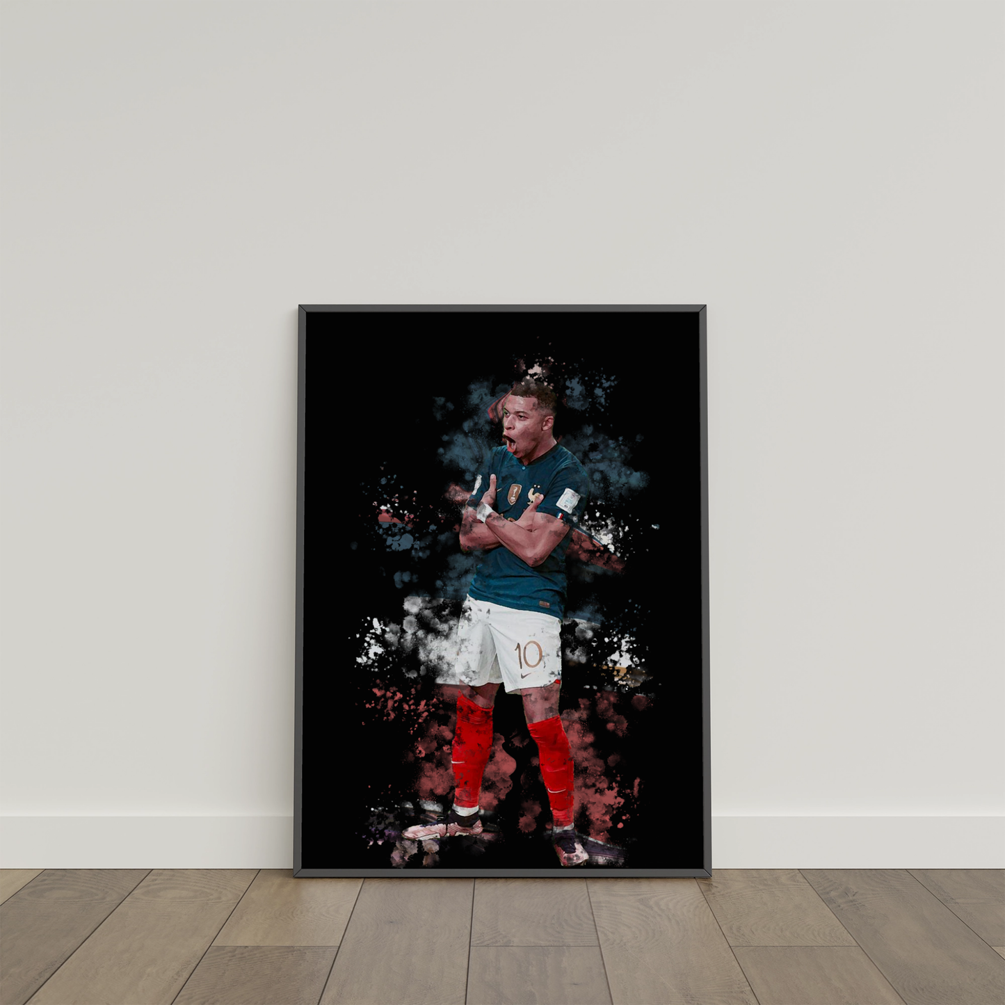 framed poster mockup of soccer player kylian mbappe leaning on a white wall