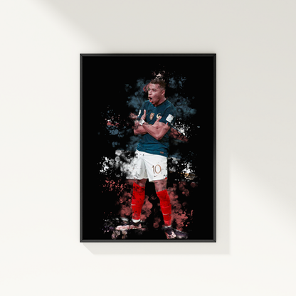 framed poster mockup of soccer player kylian mbappe hanging on a white wall