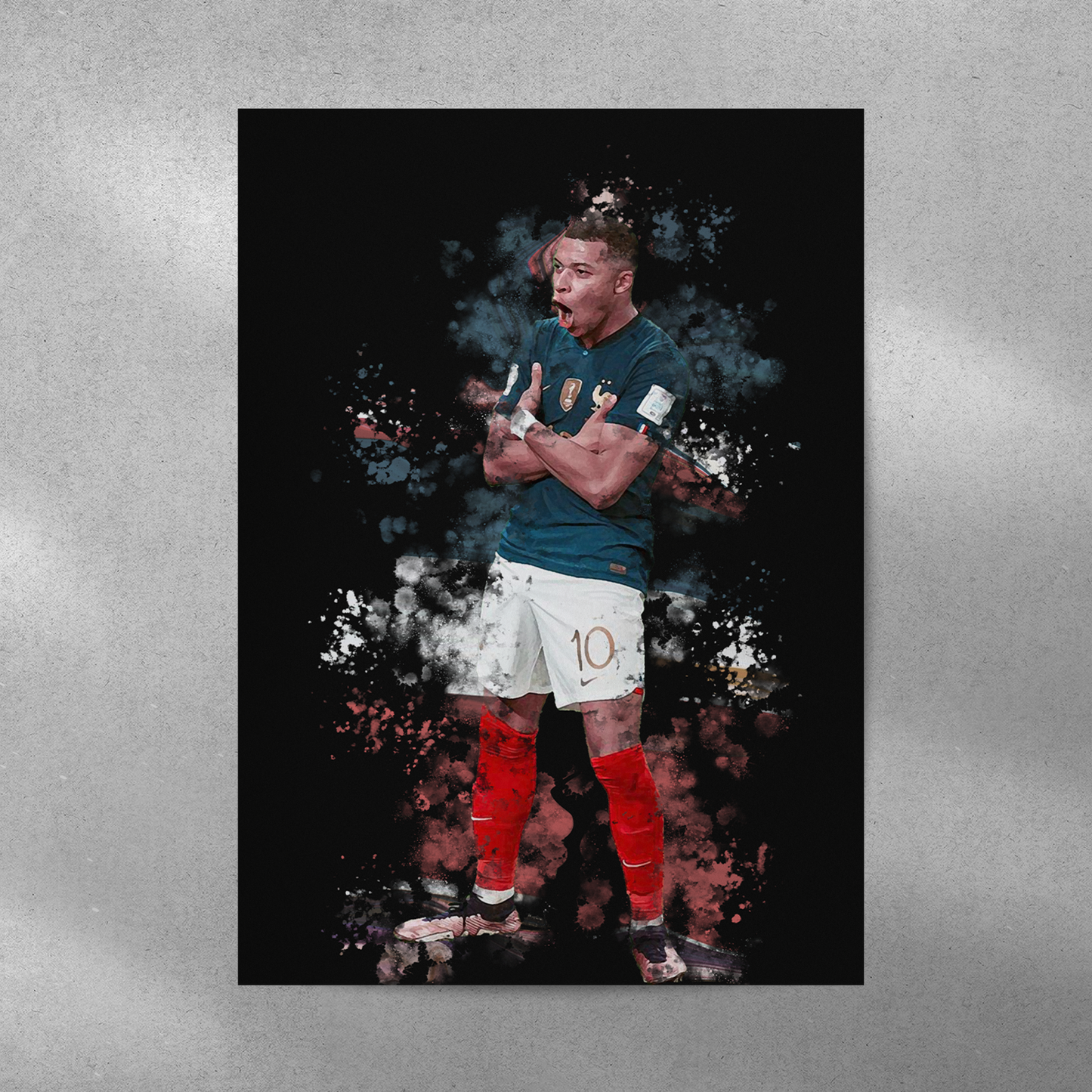 poster mockup of soccer player kylian mbappe on a grey wall