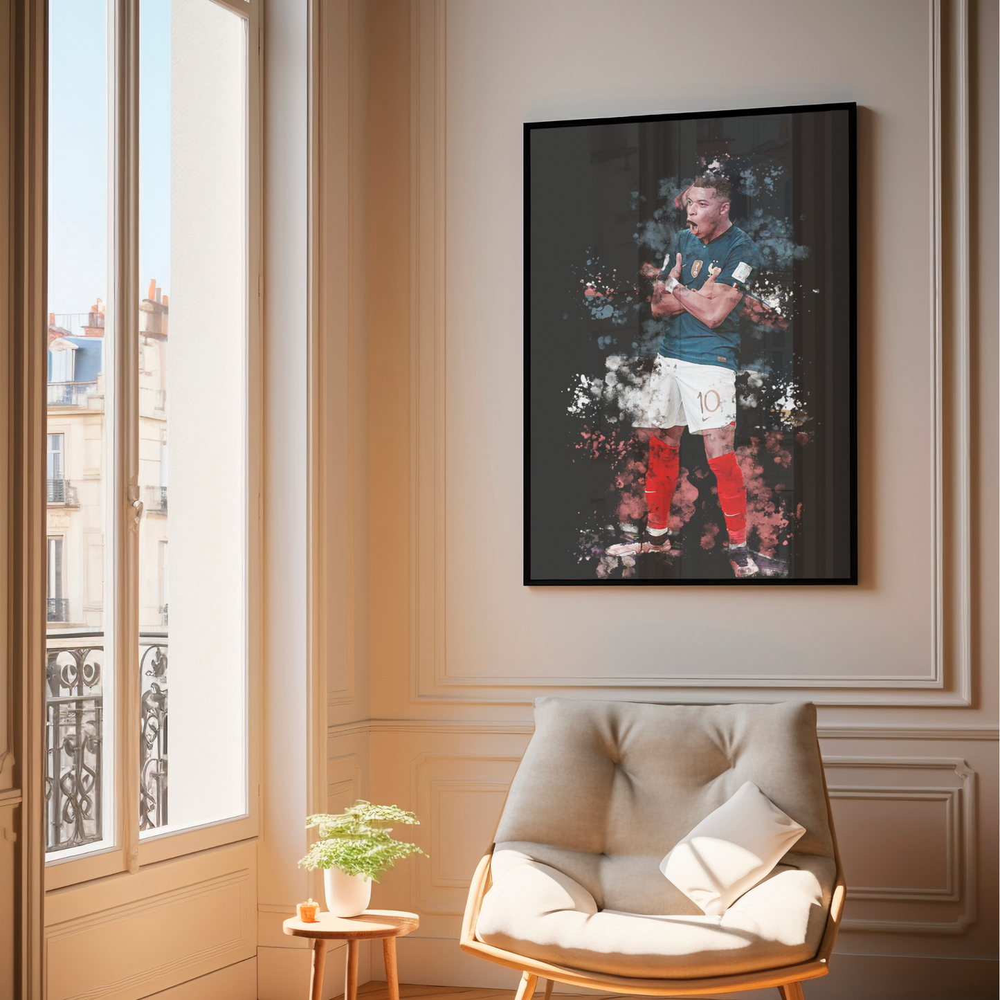 framed poster mockup of soccer player kylian mbappe hanging in a living room