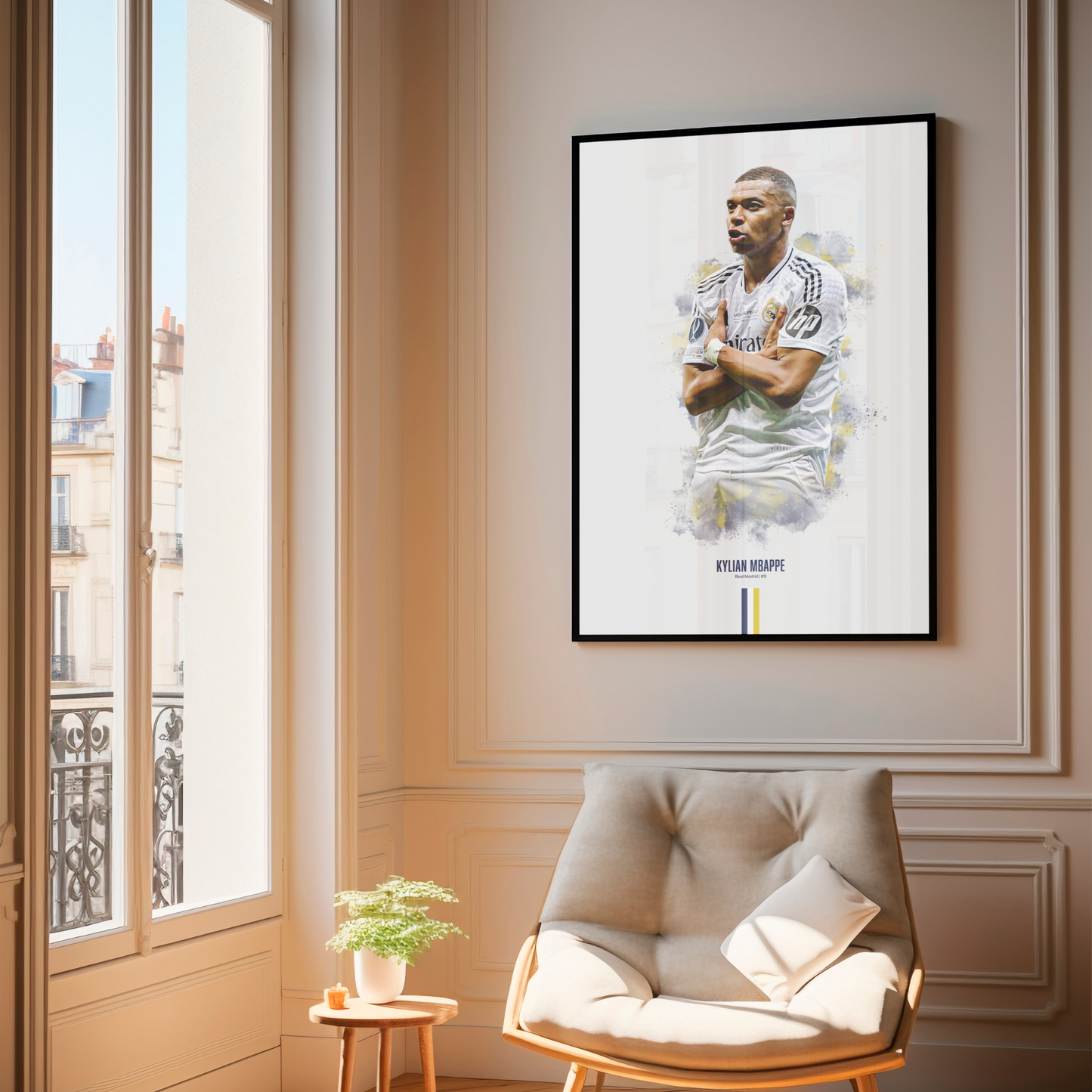 framed poster mockup of soccer player kylian mbappe hanging in a living room