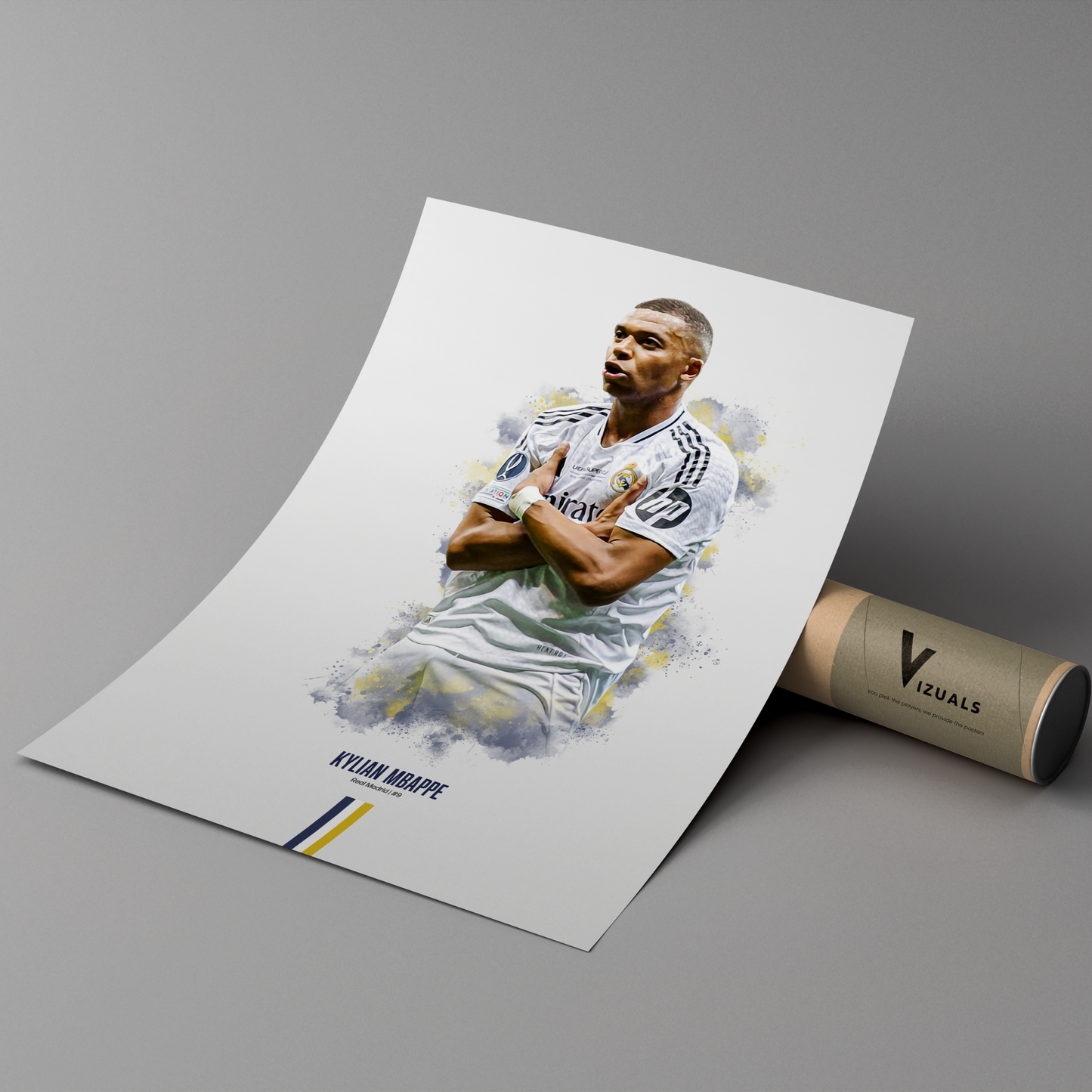 poster mockup of soccer player kylian mbappe leaning on a cardboard tube