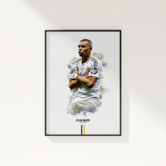 framed poster mockup of soccer player kylian mbappe hanging on a white wall