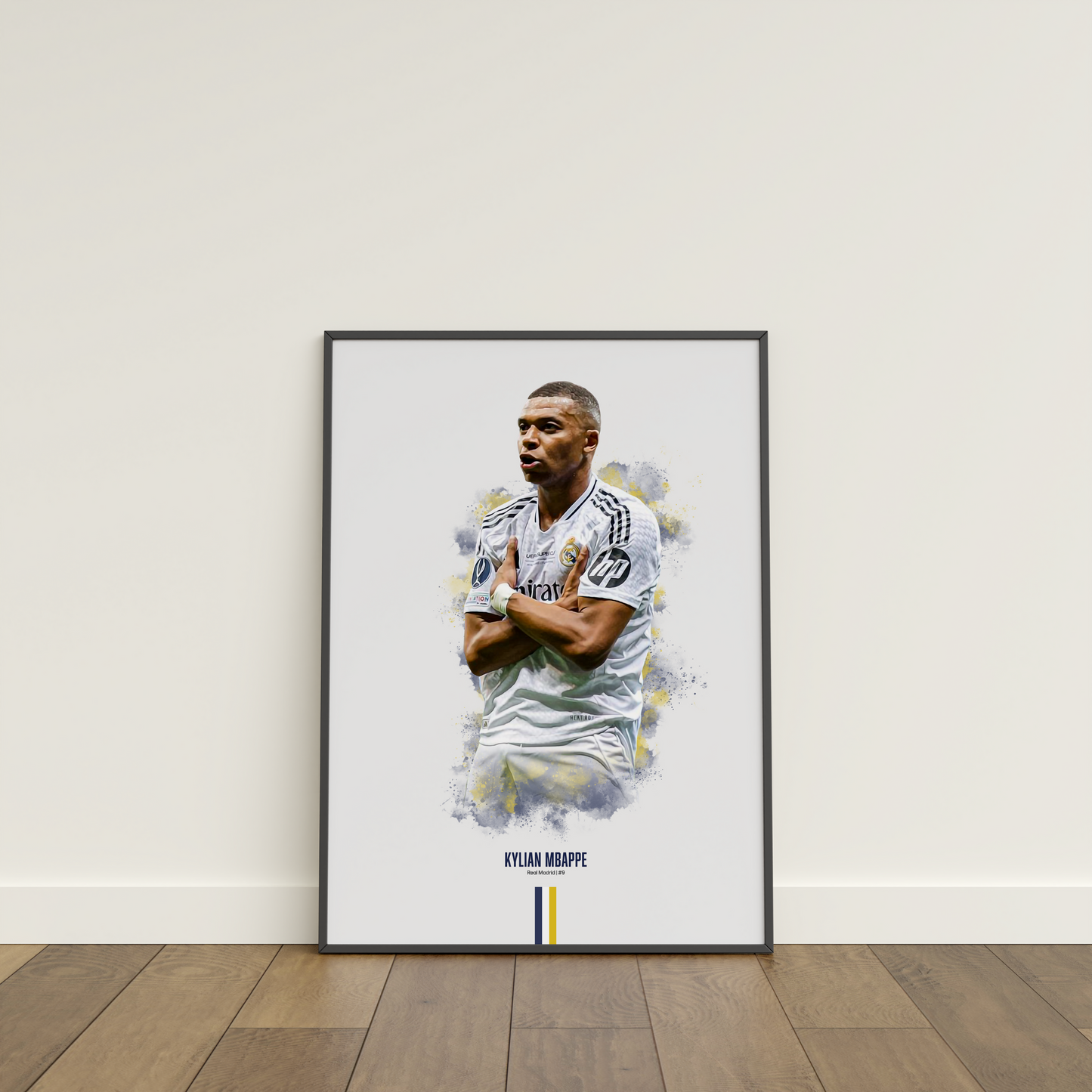 framed poster mockup of soccer player kylian mbappe leaning on a white wall