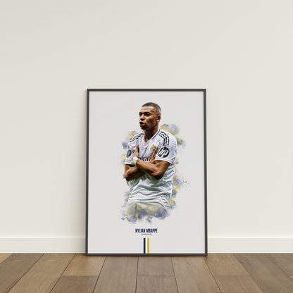 framed poster mockup of soccer player kylian mbappe leaning on a white wall