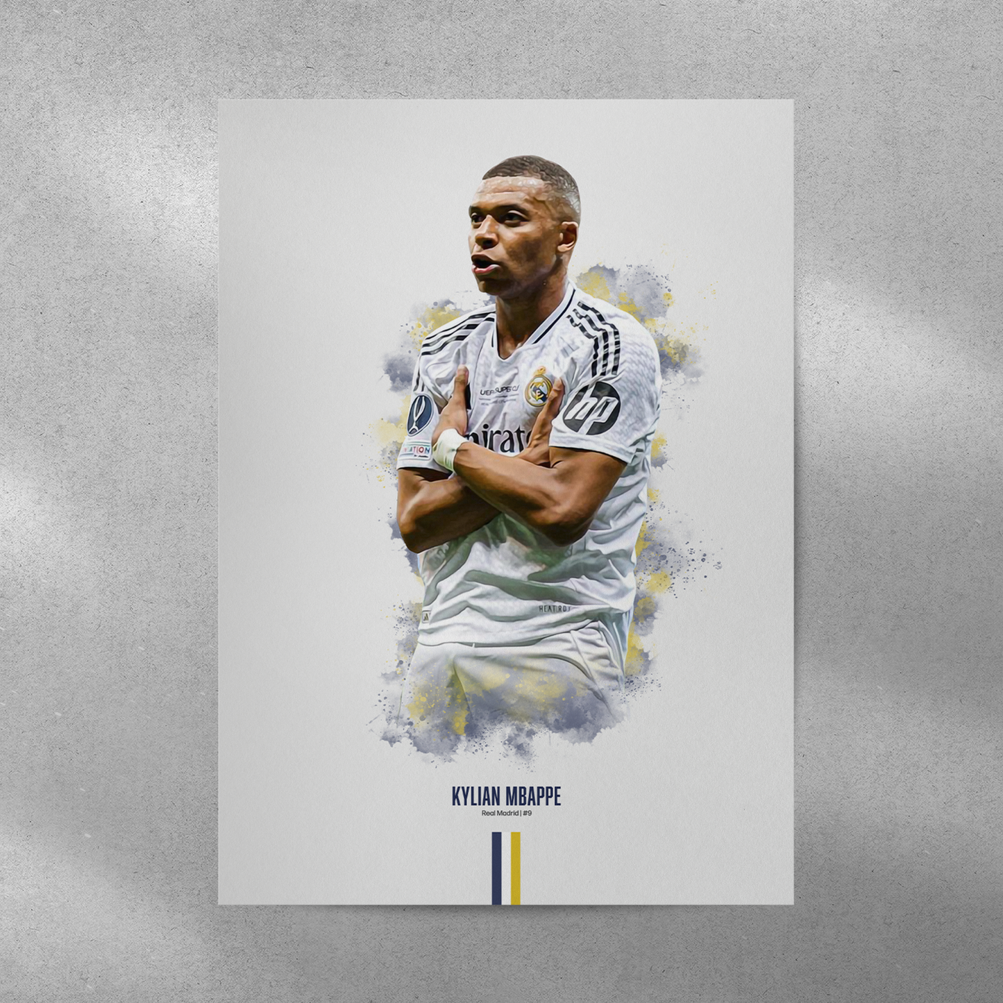 poster mockup of soccer player kylian mbappe on a grey wall