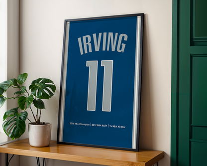 Framed sports jersey with name and number on a wooden shelf.