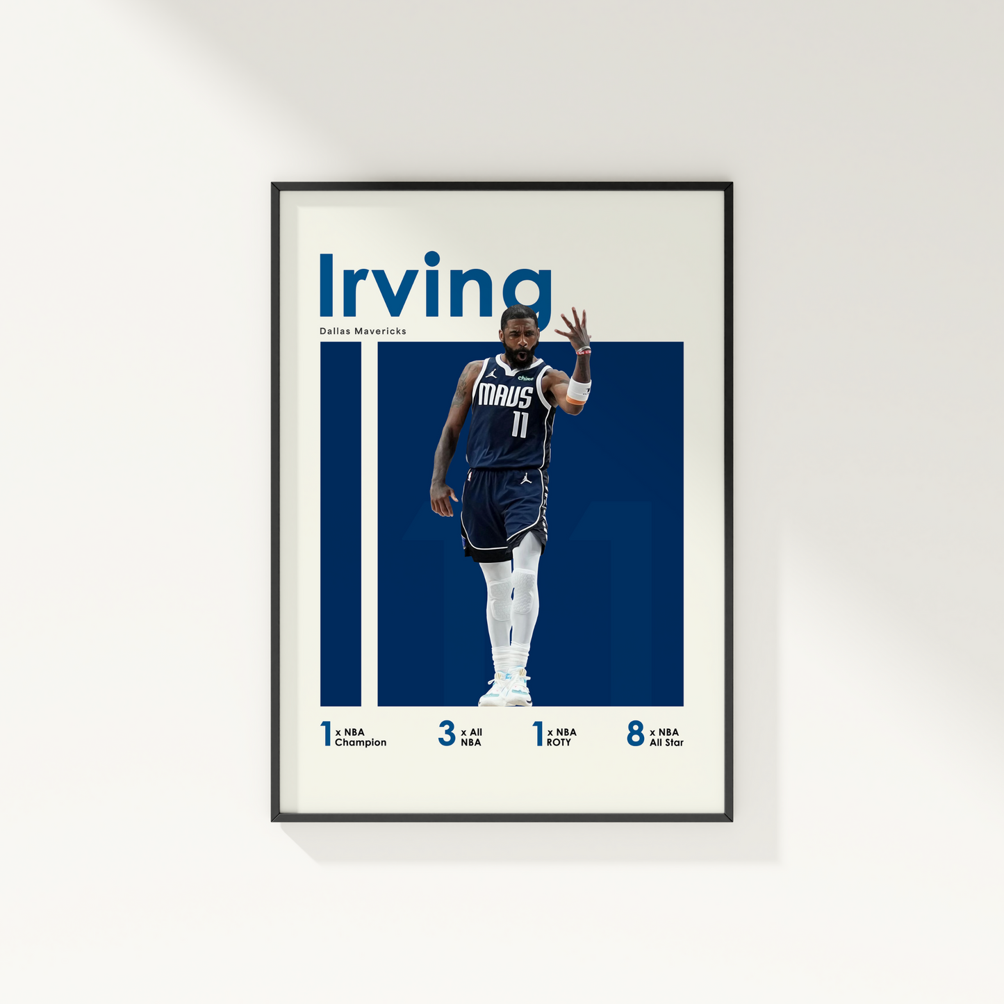 framed poster mockup of basketball player kyrie irving hanging on a white wall