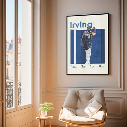 framed poster mockup of basketball player kyrie irving hanging in a living room