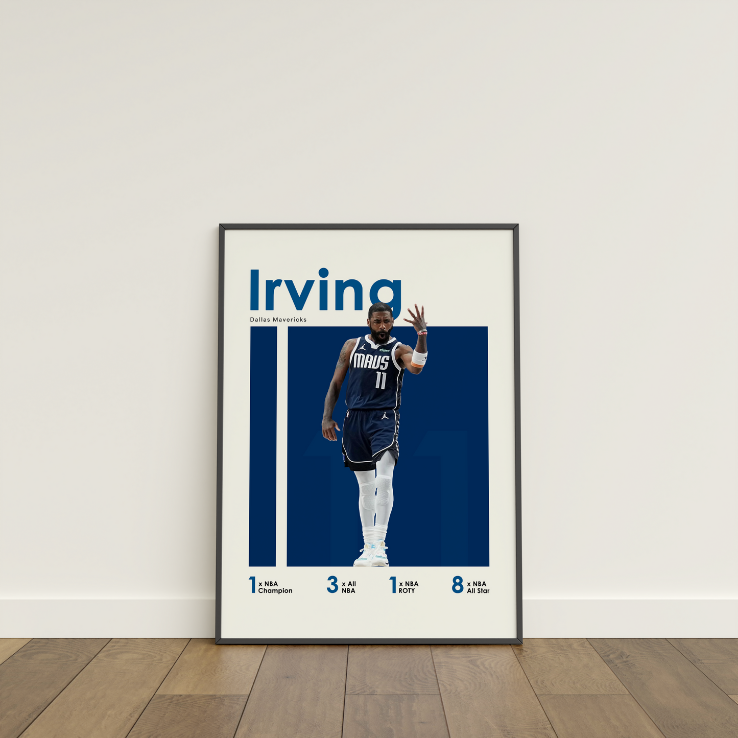 framed poster mockup of basketball player kyrie irving leaning on a white wall