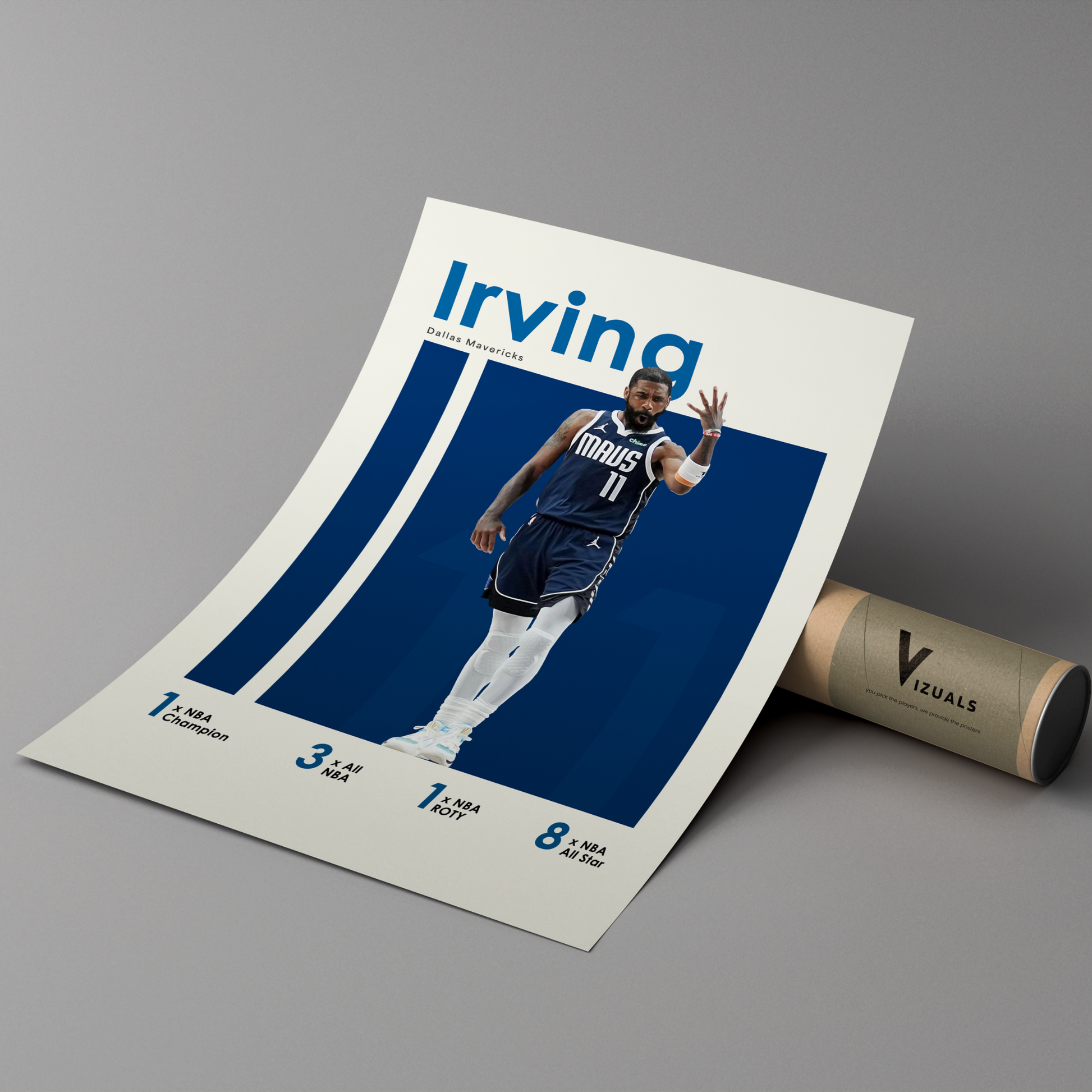 poster mockup of basketball player kyrie irving leaning on a cardboard tube