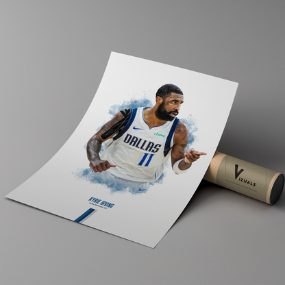 poster mockup leaning on a branded cardboard tube. poster of basketball player kyrie irving celebrating for the Dallas Mavericks.