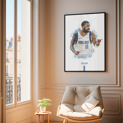 framed poster mockup hanging in a living room. poster of basketball player kyrie irving celebrating for the Dallas Mavericks.