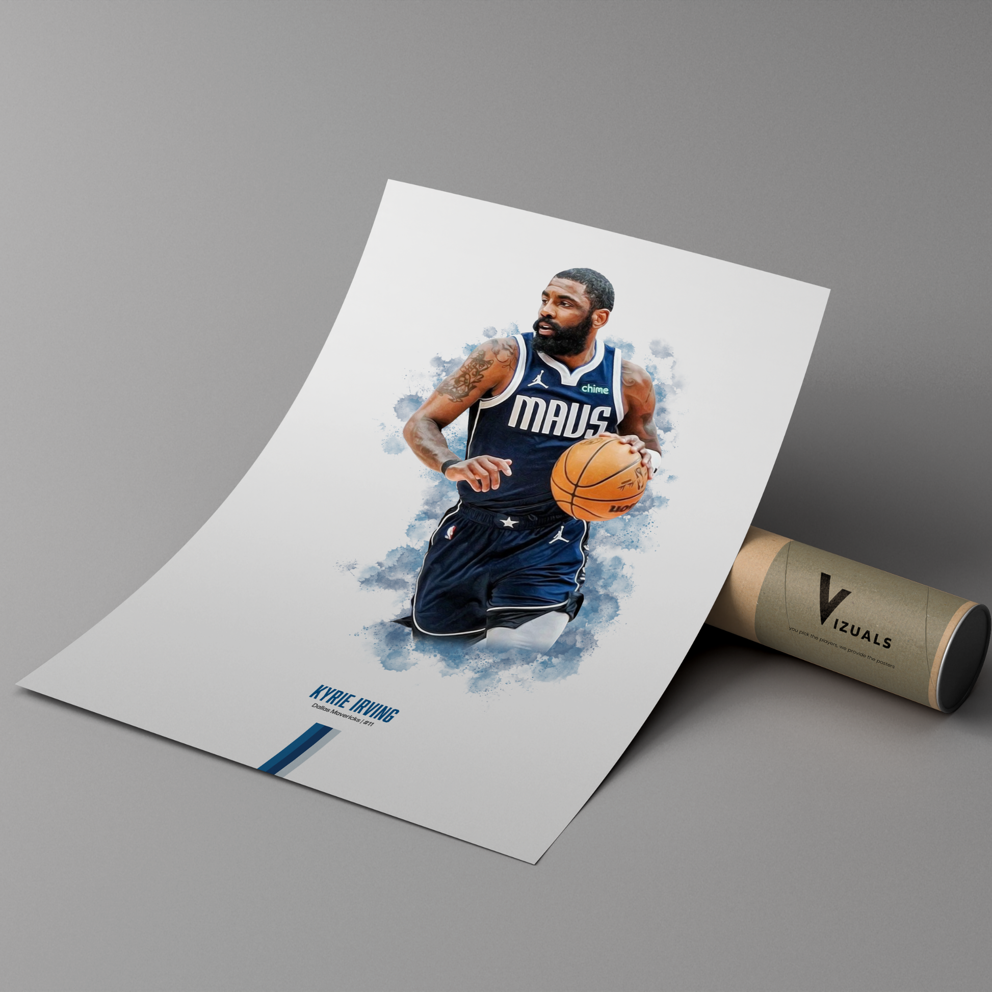 poster mockup of basketball player kyrie irving leaning on a cardboard tube