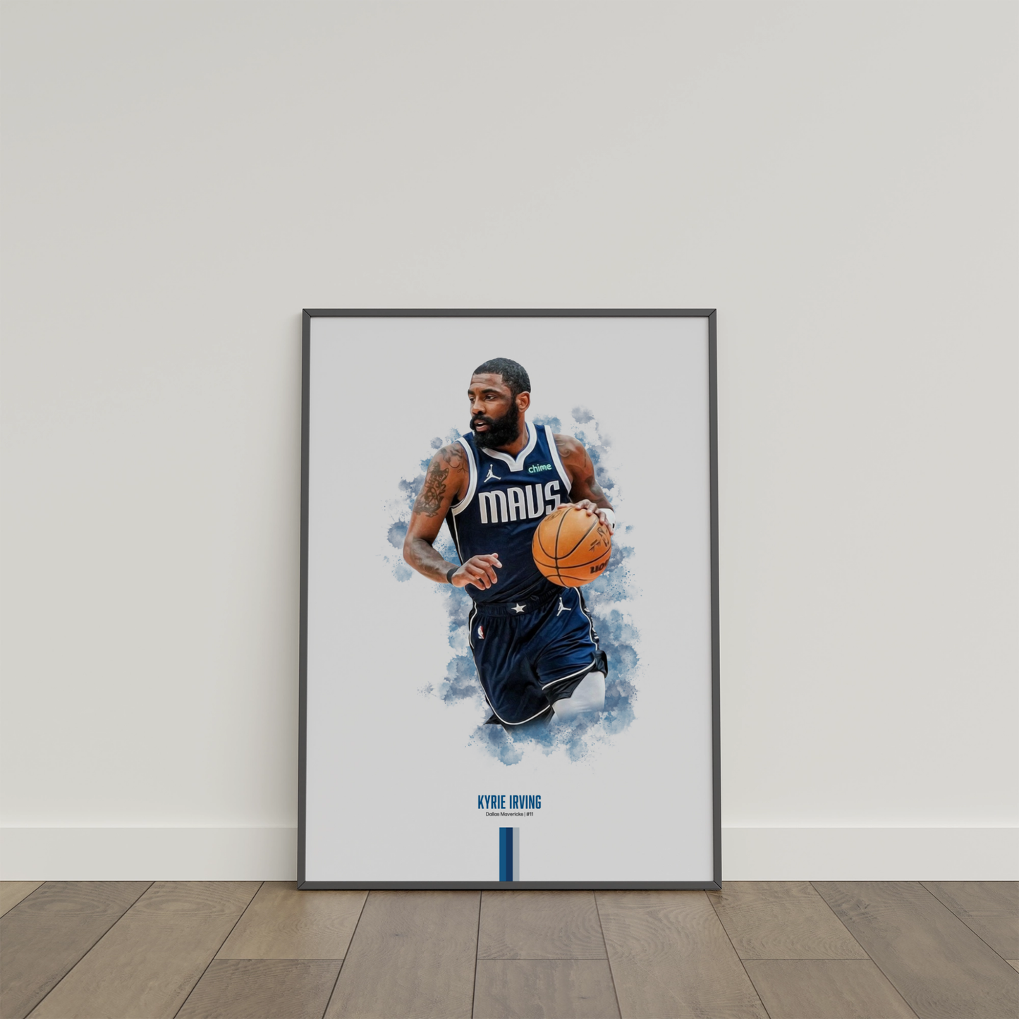 framed poster mockup of basketball player kyrie irving leaning on a white wall