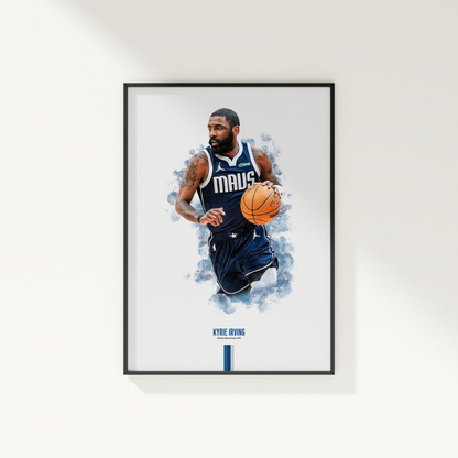 framed poster mockup of basketball player kyrie irving hanging on a white wall