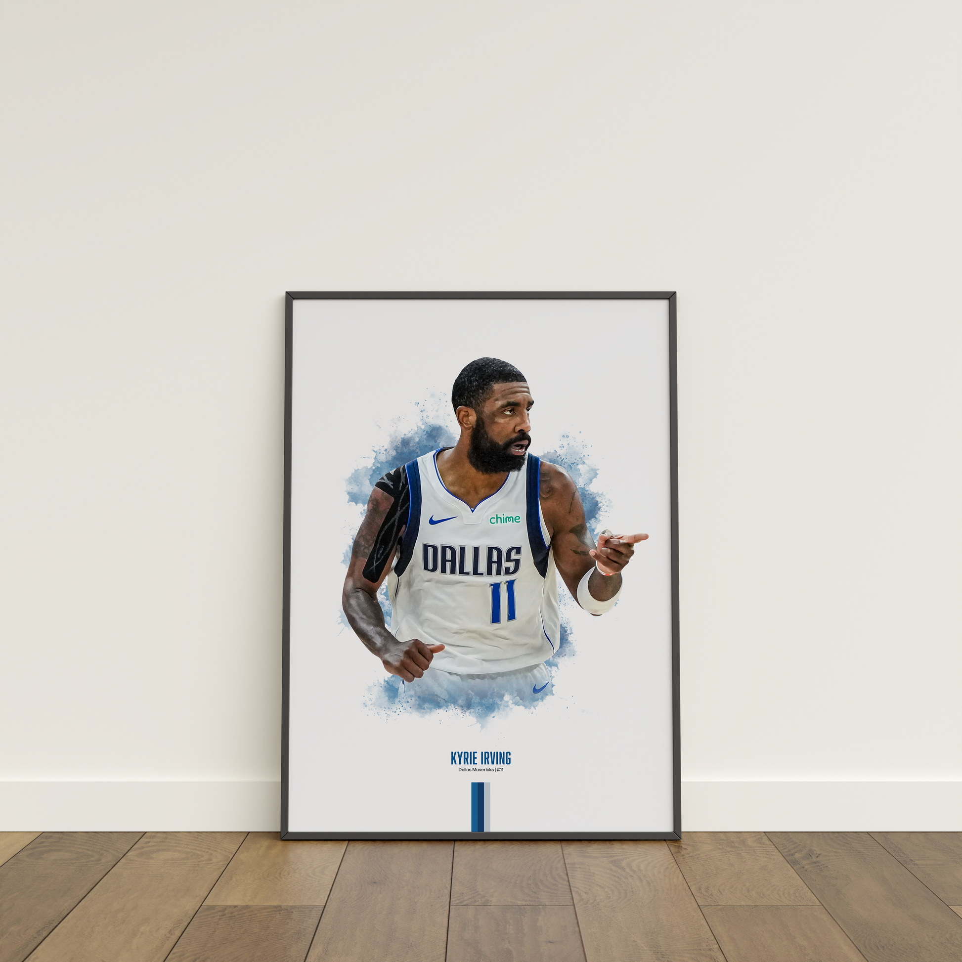 framed poster mockup leaning on a white wall. poster of basketball player kyrie irving celebrating for the Dallas Mavericks.